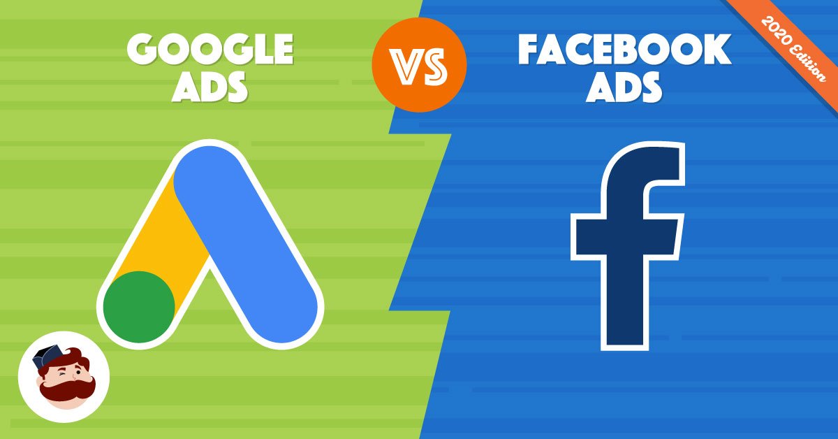 Facebook vs Google Ads comparison showing logos of both advertising platforms on green and blue backgrounds with a VS icon in the center.